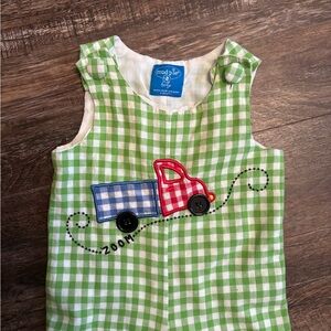 Mud Pie Green Gingham Romper with Truck Design